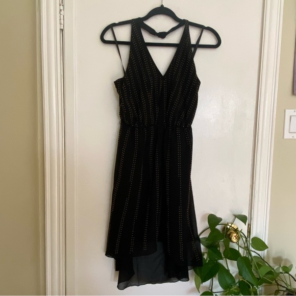 Bebe gold-studded high-low black halter party dress with chiffon overlay - Picture 3 of 14